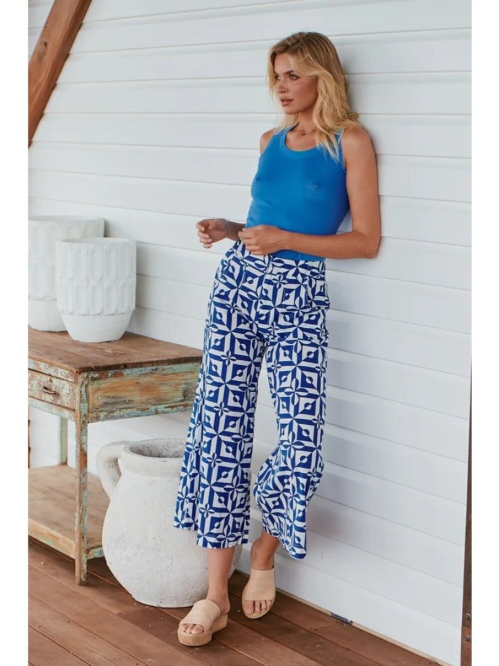 Free People Menocra Cropped Printed Pants  Cobalt & White Combo 2 NWT